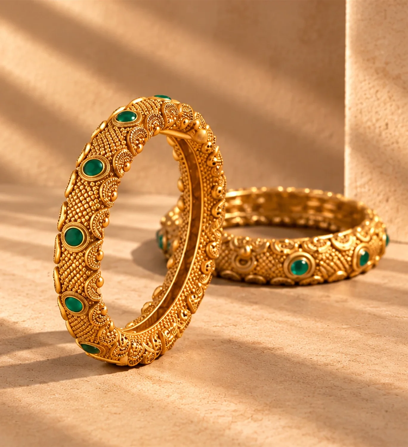 Ornate gold bangles with green gemstones