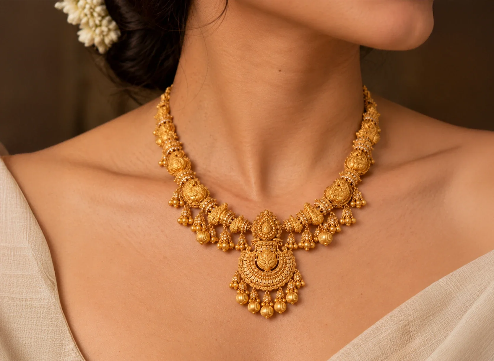 Traditional gold necklace worn with an ivory saree